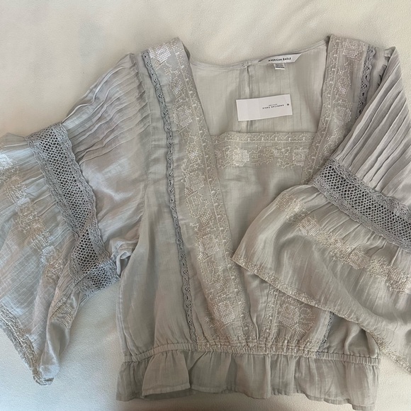 American Eagle Outfitters Tops - NWT | American Eagle Outfitters Light Gray Embroidered V-Neck Peasant Top